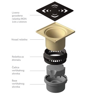CONFLUO GARDINO SIFON vertikalni "IRON 4" inox rešetka